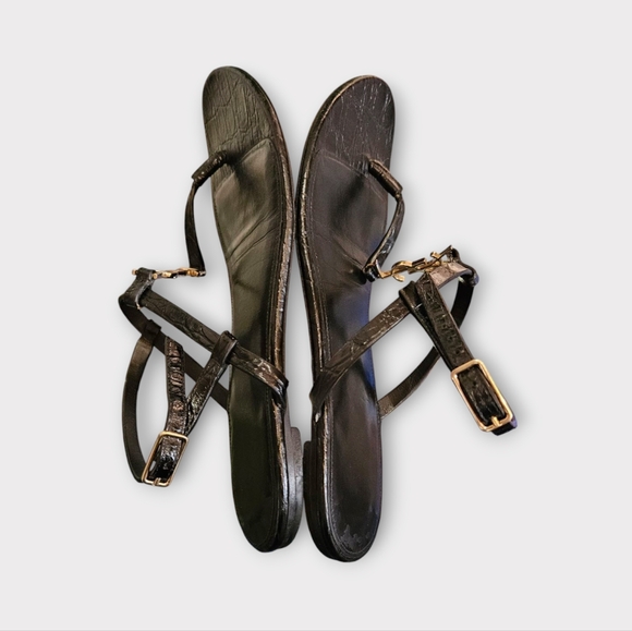 Yves Saint Laurent Cassandra Croc Embossed Black Leather Sandals - Picture 6 of 9